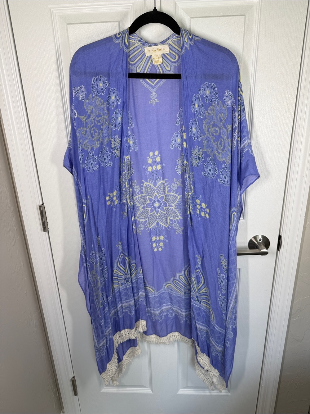 Say What blue cotton long kimono topper with fringed bottom hem size S/M